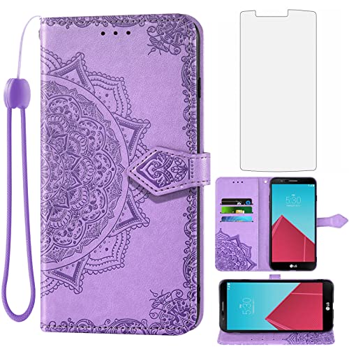 Asuwish Compatible with LG G4 Wallet Case Tempered Glass Screen Protector and Leather Flip Cover Card Holder Stand Cell Accessories Phone Cases for LGG4 LG4 4G Women Men Purple