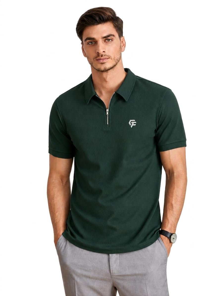 Men's Waffle Knit Zip Polo T-Shirt Half Sleeve Casual Soft & Breathable T-Shirt for Everyday | Textured Regular Fit Polo Tshirt for Men-picture-32