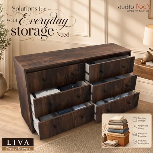 Image of Studio Kook Livaa Wide 6 Drawer Chest of Drawers, Junglewood | Engineered wood, 149x40x86 cm, six drawers on telescopic runners holding 15 kg each, 66x33x19 cm inside, 6 mm PVC legs