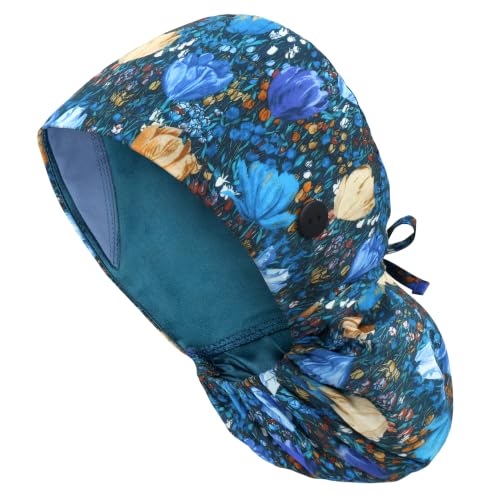 Image of Satin Lined Scrub Cap for Women, Bouffant Nurse Cap with Sweatband and Buttons, Adjustable Surgical Hat for Curly Hair, Braids, Long Hair and Buns, Midnight Tulip Garden