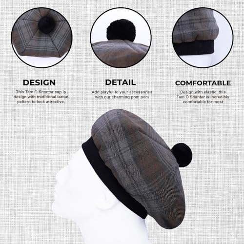 Image of Scottish Tam O' Shanter Hat Tartan Bonnet Pom Pom Wool Flat Cap One Size
