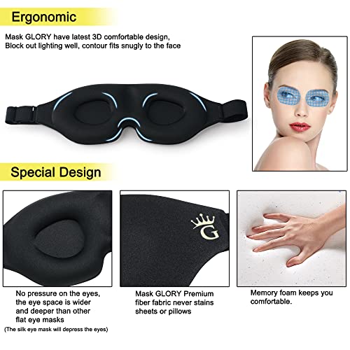 Glory 3D Memory Foam Sleep Mask For Men And Women - Extra Comfort Travel Cover For Eye Mask, Sleeping Mask 100% Blockout Light, Upgraded Eye Mask For Sleeping With Adjustable Strap (Black) #TOP2