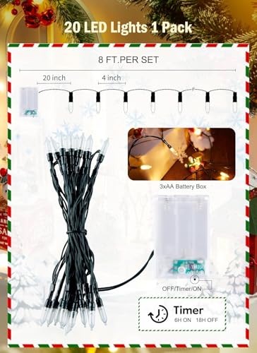 Image of Brightown 8ft 20LED Battery Operated Christmas String Lights with Timer | Warm White Mini Christmas Tree Lights for Indoor Outdoor Bedroom Wedding Party Holiday Xmas Decoration