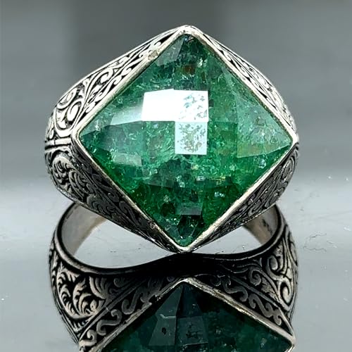 Men Handmade Ring, Square Emerald Stone Ring, Green Stone Ring, Engraved Sterling Silver Vintage Ring, Anniversary Gifts for Him3