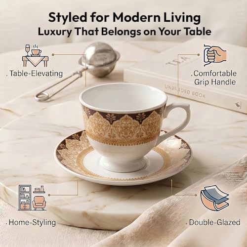 Image of U.P.C. Tea Cup & Saucer Set of 6 | 180ml | Royal Amber Damask Medallion Print | Ivory, Brown & Antique Gold | Microwave & Dishwasher Safe | Premium Festive Wedding Gift Crockery Set
