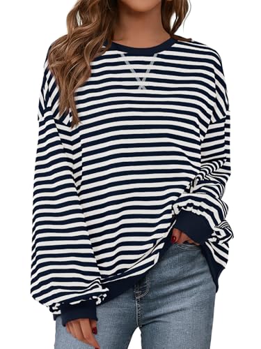 Image of PRETTYGARDEN Womens Striped Oversized Sweatshirt Color Block Crew Neck Long Sleeve Casual Loose Pullover Top Y2K Clothes