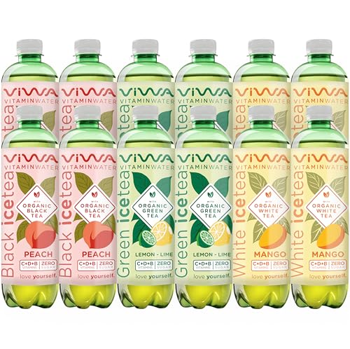 VIWA VITAMIN WATER Mix Tés Helados Bebidas Refrescantes Cero Azúcar con Vitaminas y Minerales de 3 Sabores, 4 Botellas por Sabor, 600ml, Pack de 12