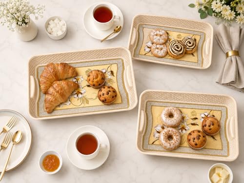 Image of 3 Pcs Plastic Serving Tray Set with Handle | Multipurpose Tea Snacks Breakfast Tray | Floral Printed Rectangular Serving Trays for Kitchen & Home (Cream Flower)