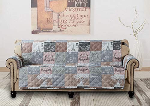 Brilliant Sunshine Paris and Toile Floral Patchwork X-Large Oversized Sofa Protector for Seat Width up to 78", Slip Resistant Furniture Slipcover, 2" Strap, Couch Slip Cover for Pets, Sofa, Latte Gray