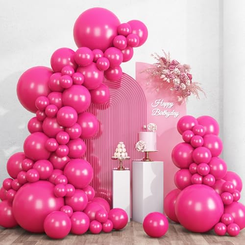 Image of RUBFAC 135pcs Hot Pink Balloons Different Sizes 18 12 10 5 Inch for Garland Arch, Magenta Latex Balloon for Wedding Birthday Princess Theme Party Anniversary Decorations