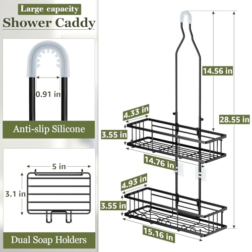 Shower Caddy Hanging: Adjustable Height Organizer for Over Showerhead - Black Rustproof Shower Shelves with Hooks & 2 Soap Holders - Image 3
