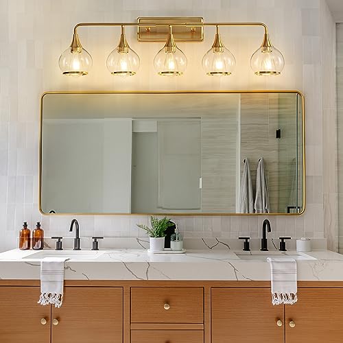 Image of Gold Bathroom Vanity Light 5-Lights Bathroom Light Fixtures Over Mirror with Clear Glass Shade 39.2 inch Wall Sconce Lighting Bath(Exclude E26 Bulb)