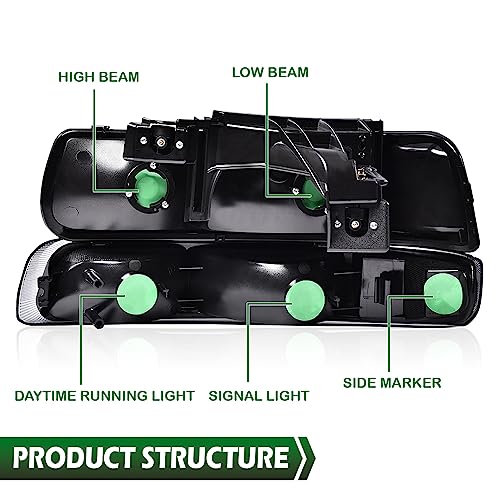 Image of GRAND ORANGE Front Headlight Assembly+ Bumper Lights Lamps Compatible with Chevy Silverado 1999-2002 / Fit Tahoe Suburban 2000-2006 Chrome Housing Clear Corner 4pcs Smoke color Cover Black Bottom