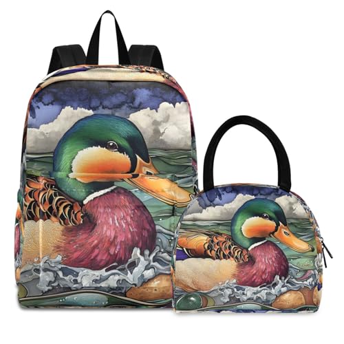 Backpack Lunch Box Set Large Capacity Travel Backpacks and Insulated Lunch Bag for Commute Hiking Picnic Wild Duck Print