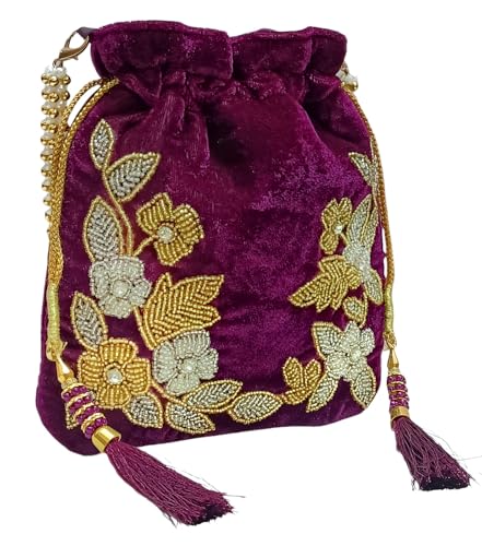 Image of Velvet Potli Bag with Golden & Silver Beaded Flower Embroidery - Handcrafted Ethnic Drawstring Bag for Weddings, Parties & Festive Gifts - Beaded Handle & Tassels for Women
