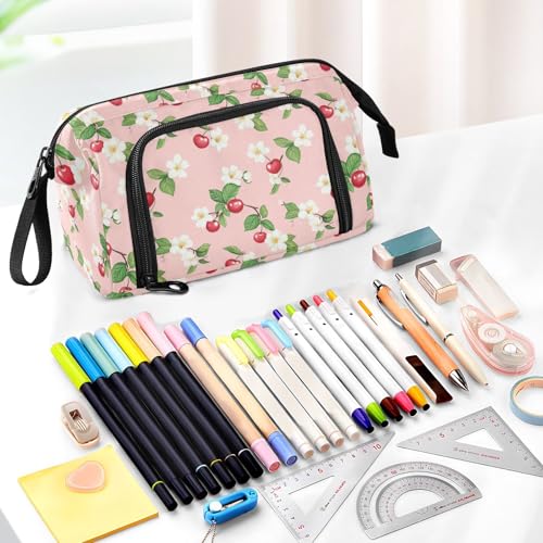 Image of Flower Cherry Fruit Large Capacity Pencil Case Pen Bag Pencil Pouch, Kids Printed Pencil Case with Handle Canvas Zipper Pen Pouch for School Office College Ideal Graduation Gifts