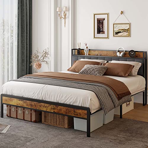 Gizoon Queen Platform Bed Frame, Metal Bed Frame with Storage Headboard, Sturdy and Stable, Noise Free, No Box Spring Needed, Easy Assembly