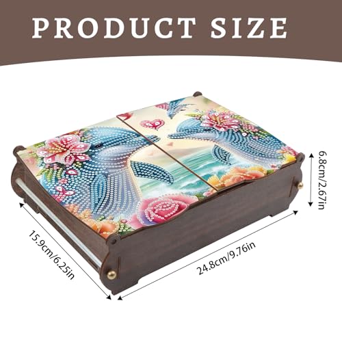 Image of Diamond Painting Kit Wooden Storage Box, Dolphin DIY Special Shaped Diamond Flip Cover Wooden Money Box, Handmade Art Desktop Decorations Birthday Gifts for Friends