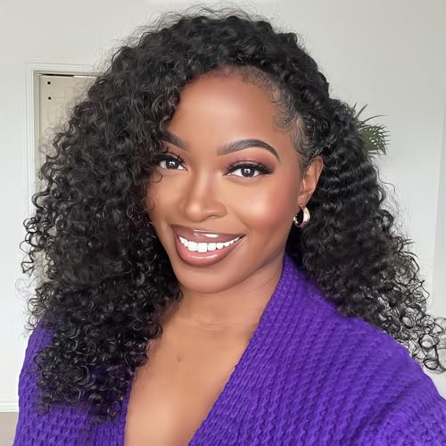 Image of Celiarita Curly Half Wig Human Hair 3 In 1 Seamless Deep Wave Half Wigs Human Hair Glueless Wear and Go Beginner Friendly 200% Density Elastic Drawstring Headband Half Wigs for Black Women 18 Inch