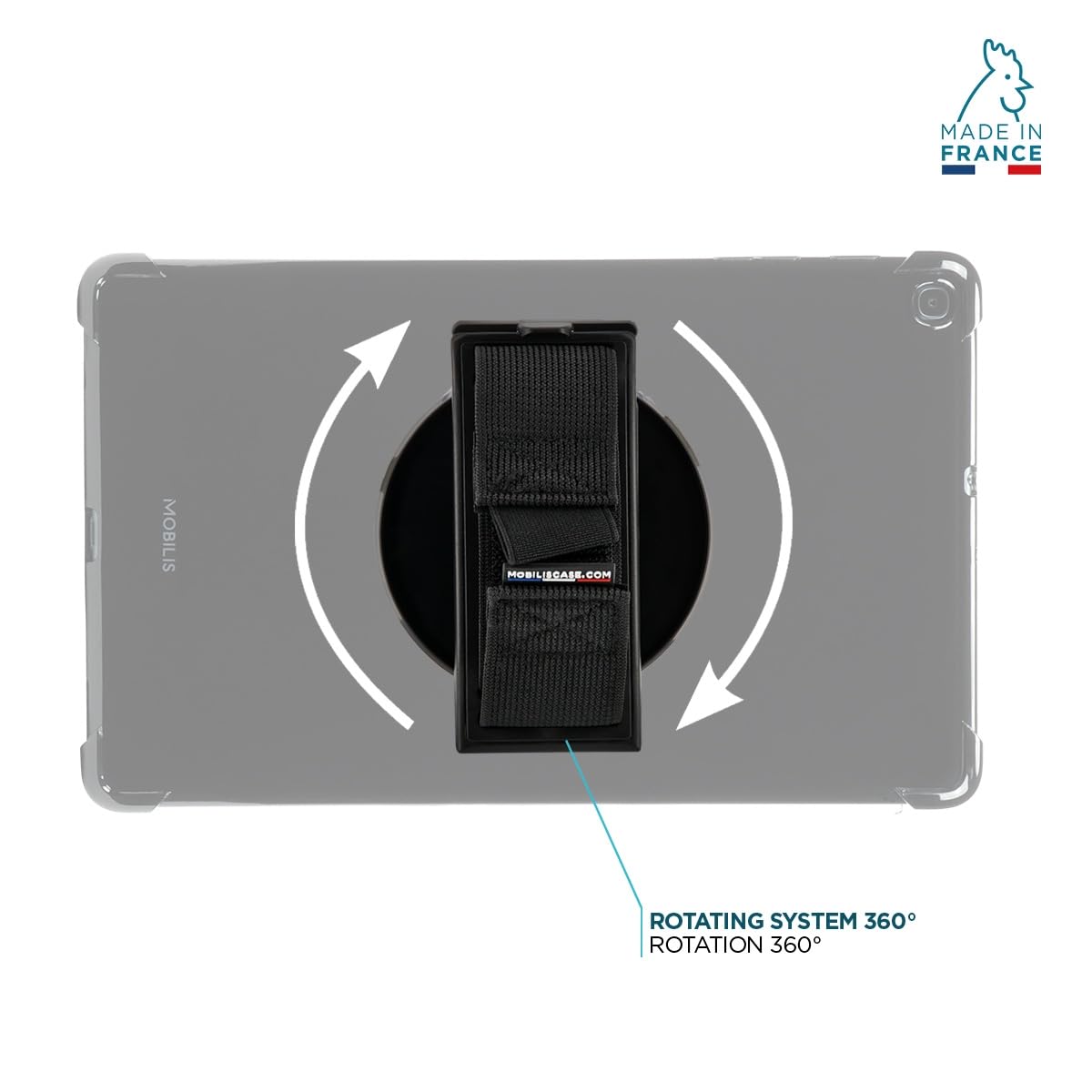 Mobilis Soporte Universal Giratorio para Tableta y iPad, Correa de Mano/Empuñadura de Agarre Ajustable, Rotación de 360°, Soporte para Lápiz, Tablet Grip, Negro