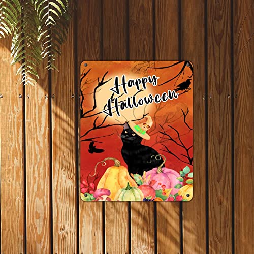 Panneau en étain Pumpkin Witch Cat déco murale rustique maison