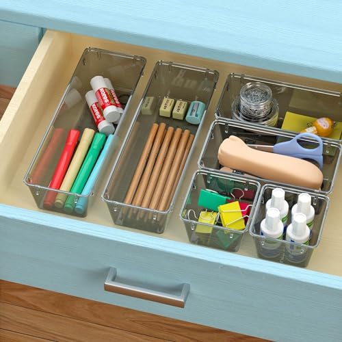 Image of Kienlix Desk Drawer Organizers Trays Set Clear Plastic Storage Bins Bathroom Drawer Tray Dividers Vanity Trays Organizer for Bedroom Dresser Makeup Kitchen Utensil Office (9pc Set (Black-2))
