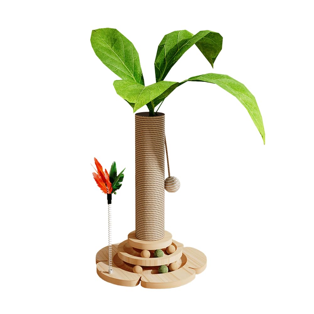 Marchul 5 in 1 Katzenspielzeug, Katzenkratzbaum mit Sisalseil, Hölzerne Katze Track Toy Ball mit Springy Feder, Kätzchen Baum mit simulierten Pflanzen, Interaktiver Kratzbaum für Katzen