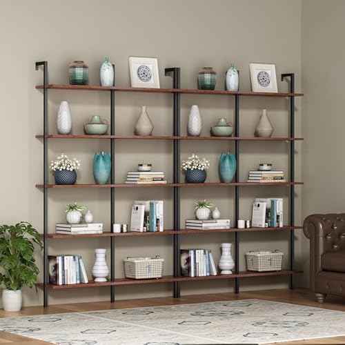 Arumoie Wall Mounted Bookshelf Plant Stand Shelf, 5-Tier Open Ladder Bookcase Bookshelf In Rustic, Industry Double Wide Display Shelf For Living Room Decor And Storage #TOP7