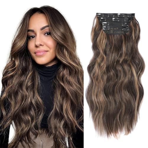 Hair Extensions Clip In 20Inch Long Wavy Hair Extensions 4Pcs Synthetic Full Head Hairpieces Seamless Weft for Natural Volume for Daily Use & Any Occasions Weft for Natural Volume Honey Brown Balayge