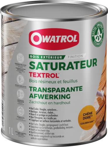 OWATROL – TEXTROL – Teinte Chêne Doré – Saturateur Bois Extérieur à Base d'Huiles Naturelles Végétales pour Chalets Barrières Abris de Jardin Bardages Bois Extérieur – Huile Terrasse Bois – 1 L