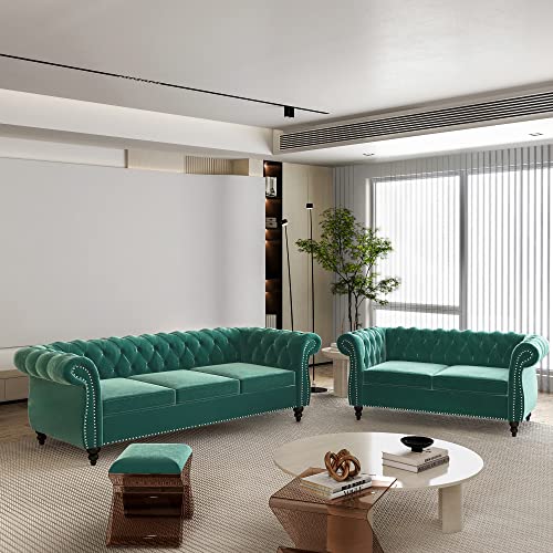 Image of QHITTY 2 Piece Living Room Set, Sectional Chesterfield Sofa Chair Contemporary Upholstered Velvet Loveseat Couch Sets for Living Room, Bedroom, Office