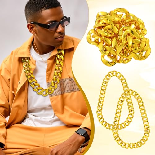 12 Pcs Fake Gold Chain Necklace Set, Chunky Hip Hop Rapper Costume Jewelry for Men & Women, 32 Inch Resin Plastic Party Accessories, 80s 90s Punk Style Non-Fading Bling Bling Chains3