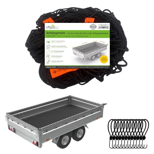Offgridtec Anhänger-Ladungssicherungsnetz 1,5x2,7m auf 2,5x3,5m, Dehnbar & Feinmaschig, Inkl.10 Spannhaken, Eckmarkierungen, Verstärktes Gummiseil, Ladungssicherung für Anhänger, Baumaterialien