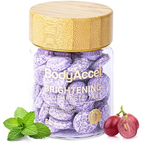 BodyAccel Toothpaste Tablets, Whitening Toothpaste Tabs Fluoride Free Brightening Travel Toothpaste Tablet Grape Mint Mouthwash Tablets Fresh Breath Cover