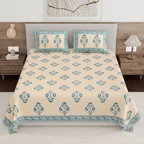 Image of Living Roots Ethnic Jaipur Block Print Double Cotton Bedsheet & 2 Pillow Covers, for Mattress Upto 6 inches Thick, No Colour Bleeding, Blue Colour, King Size 90 * 108 inches, 120TC (611-B)