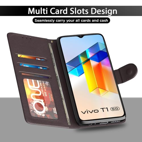 Image of Pikkme Flip Cover for Vivo T1 5G / Vivo Y75 5G / IQOO Z6 5G | Leather Finish | Shockproof with Card Pockets & Wallet Stand | Ultimate Protection Case(Coffee)