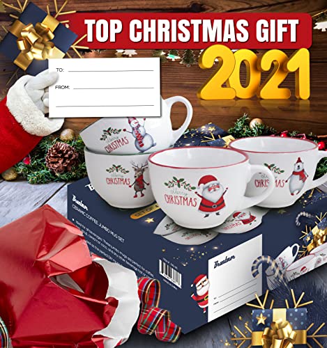 Bruntmor 24 Oz Jumbo Christmas Coffee Mug Set Of 4, Cute Ceramic Santa Mug Set In Multiple Color Ideal For Coffee, Soup & Cereal, Christmas Themed Design, Best Coffee Mug Set For Your Christmas Gifts #TOP3