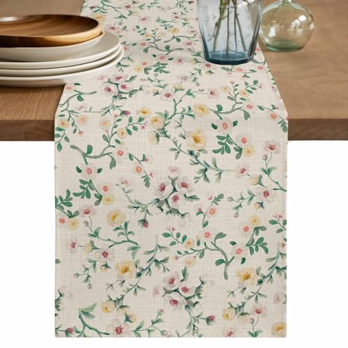 Spring Flowers Burlap Table Runner 72 Inches Long, Yellow Pink