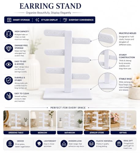 Image of morel JEWELS EARRING ORGANIZER - EARRING HOLDER WITH 24 HOLES FOR STUDS, EARRINGS DISPLAY STORAGE STAND WHITE WITH ACRYLICS BASE.PACK OF 2