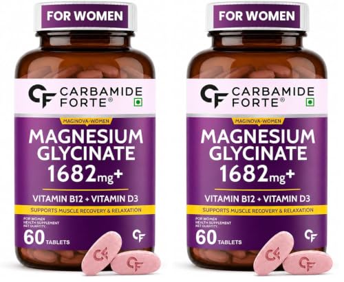 Image of Carbamide Forte Magnesium Glycinate for Women 1682mg | Magnesium supplement for women with Vitamin D3 & B12 | High Absorption Formula For Muscle Recovery, Sleep & Bone Health | 60 Veg Tablets
