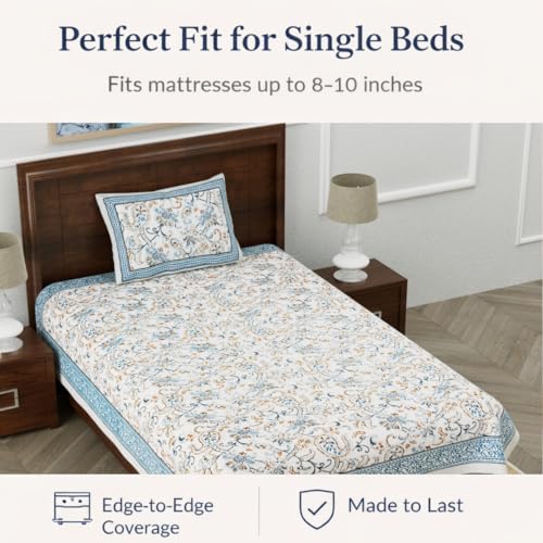Image of elanorhomes 100% Cotton 240 TC Single Bedsheet for Single Bed, 60 x 90 inch Cotton Bed Sheet with 1 Pillow Cover, Soft Breathable Floral Printed Bedsheet for Bedroom (Blue Floral Feast)