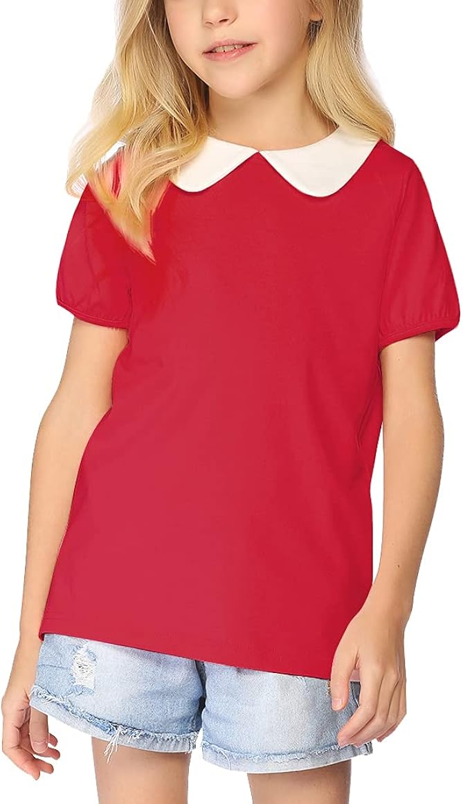 Arshiner Girls Short Sleeve Tops Basic Peter Pan T-Shirts Soft Blouses Tees: Clothing, Shoes & Jewelry