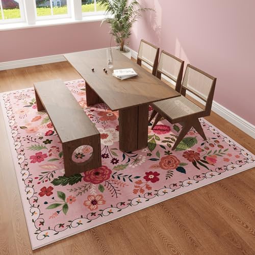 Area Rugs 8x10 Rug for Living Room Clearance Washable Boho Area Rug Non Slip Floral Vintage Low Pile Large Rug for Living Room, Bedroom, Farmhouse, Dining Room, Kids Playroom(Pink)