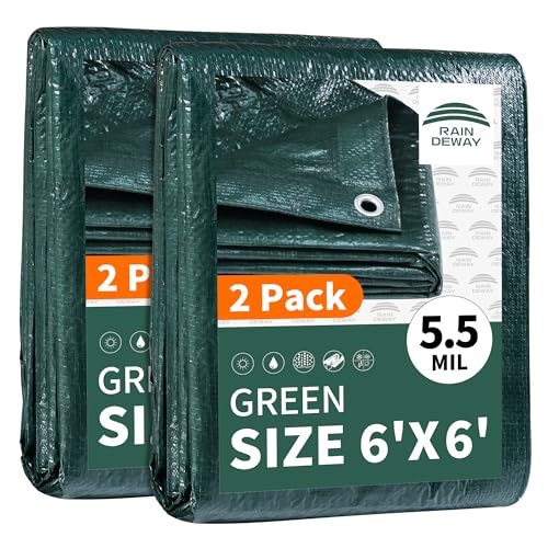 RAINDEWAY Green Small Tarp 6x6 Feet(2 Pack) Finished Size 5.5 Mil Thick Multipurpose Waterproof Poly Tarps Cover with Metal Grommets and Reinforced Edges