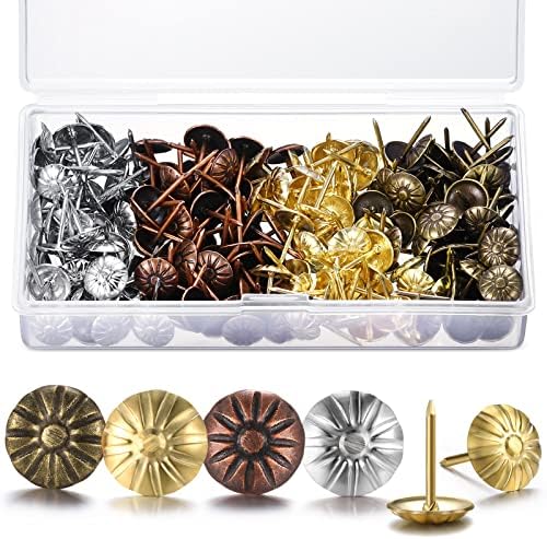 200 Pcs Upholstery Tacks for Decorative Furniture Upholstery Nails 7/16 Inch Vintage Head Diameter Brass Daisy Thumb Tack Push Pin Furniture DIY Decorative (Antique Brass, Gold, Red Copper, Sliver)