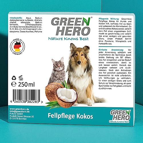 Green Hero Fellpflege Spray Kokos für Hunde & Katzen 250 ml - Entfilzungsspray für Hundepflege & Katzenpflege - Pflegespray mit Kokoswasser gegen Verfilzungen - Langhaar & Kurzhaar