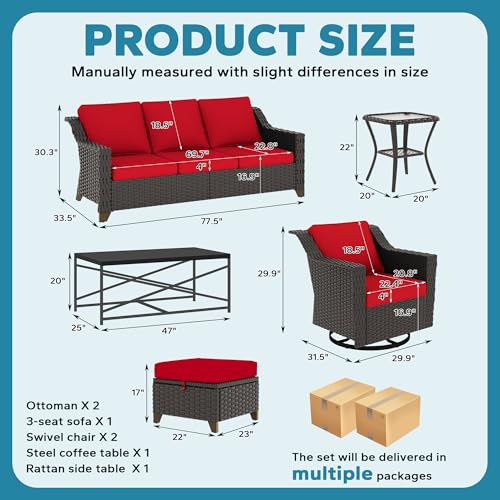 Image of 7 Pieces Outdoor Conversation Furniture Set - 77 inch Patio Sofa, 2 Swivel Rocker Chairs, 2 Ottomans, 1 Side Table, 1 Metal Table, Wicker Couch with Washable Cushions for Balcony (Red) | Patio Chair Set with Olefin Removable Cushion, All-Weather Outdoor Couch with Deep Seat for Porch, Deck and Backyard, Red
