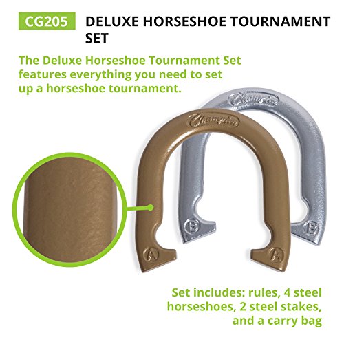 Champion Sports Tournament Horseshoe Set: Classic Outdoor Lawn Game includes Two Chrome & Two Brass Plated Professional Horseshoes with Solid Steel Stakes & Carrying Case - Image 3
