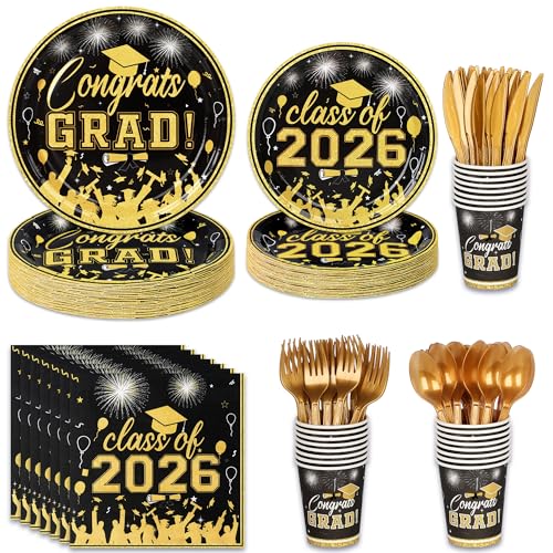 Upigi 175PCS Graduation Plates and Napkins Set 2026 Graduation Party Supplies Tableware Set Include Paper Plate Napkin Cup Knife Fork Spoon for Black Gold Grad Party Decor Serve25 (Black and Gold)
