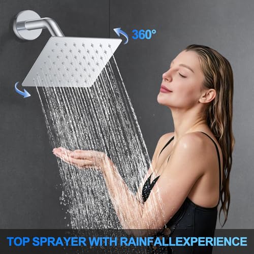 Image of Shower Faucet Set, 12 inch Ceiling Mount Rainfall Shower System with 2 Rain Shower Head and Multi-function Handheld Head Push Button Diverter Shower Faucet Trim Kit (12 inch, Polished Chrome)